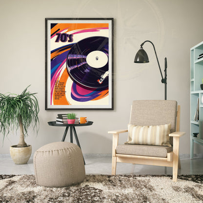 Vintage 70s vinyl record poster with colorful retro design, perfect for music and vintage decor enthusiasts.