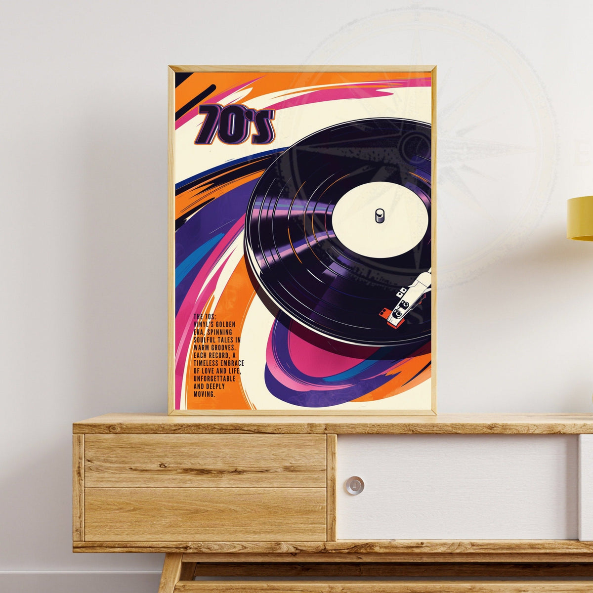 Vintage 70s vinyl record poster featuring colorful artwork, perfect for retro music decor and wall display.
