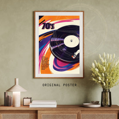 Vintage 70s vinyl record poster featuring colorful album artwork, perfect for retro music decor.