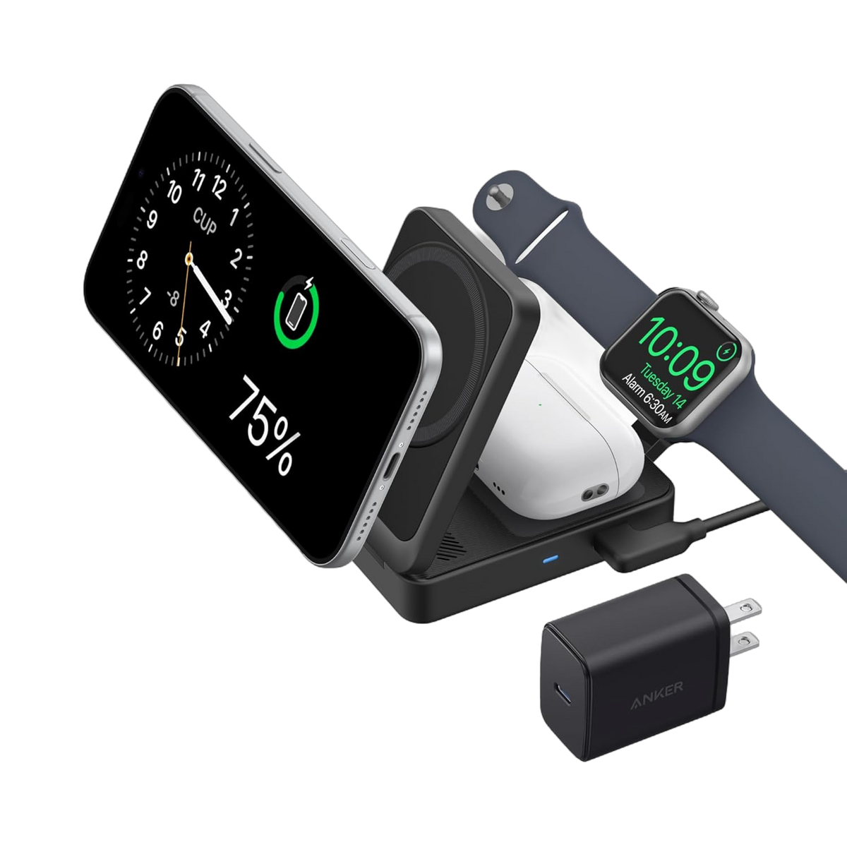 Anker MagGo wireless charging station, foldable 3-in-1 design with multiple charging pads and a sleek black finish.