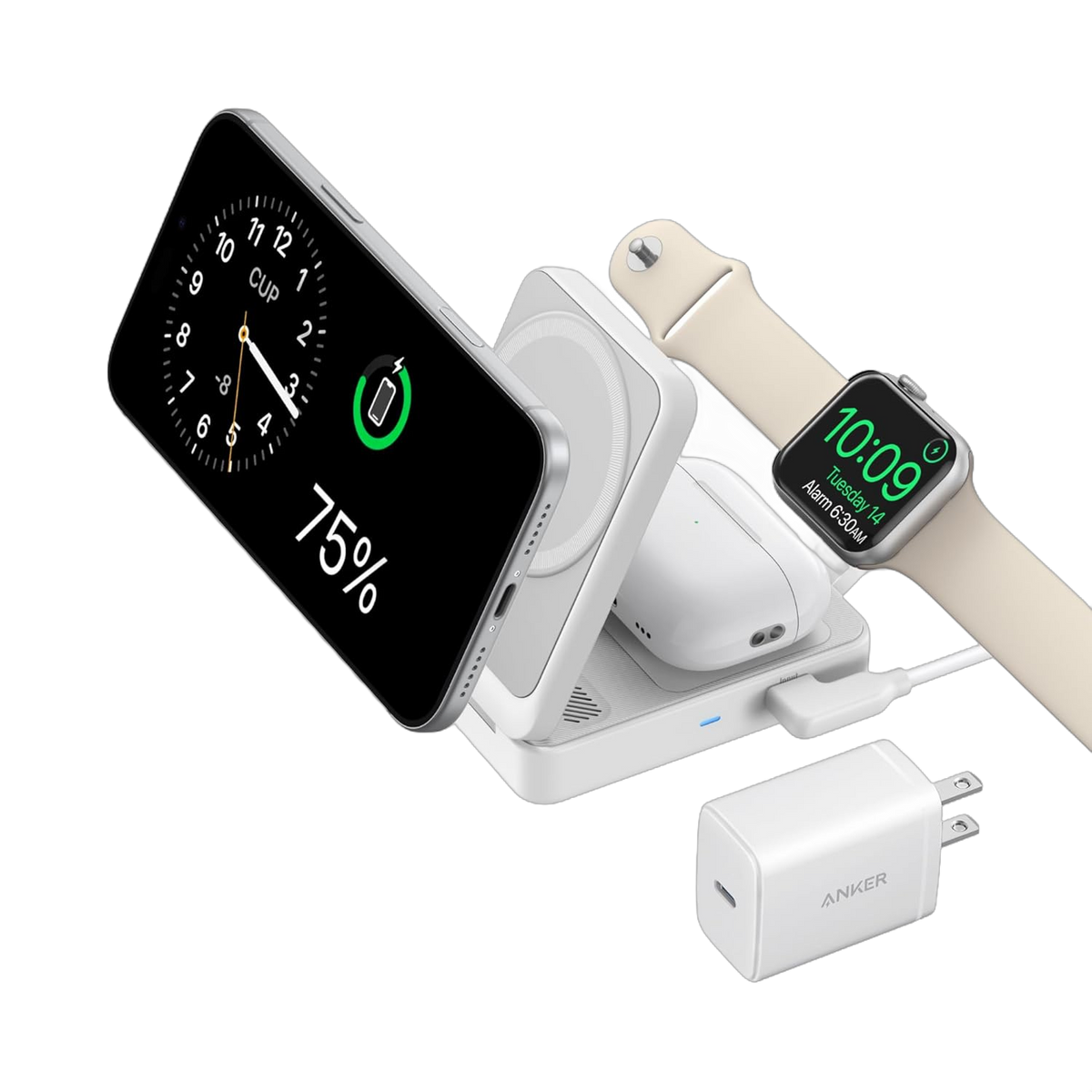 Anker MagGo Wireless Charging Station foldable 3-in-1 with phone, smartwatch, and earbuds charging pads on a desk