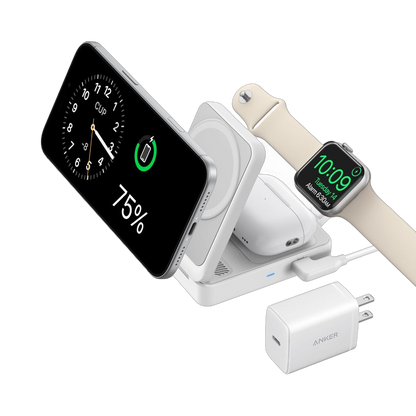 Anker MagGo Wireless Charging Station foldable 3-in-1 with phone, smartwatch, and earbuds charging pads on a desk