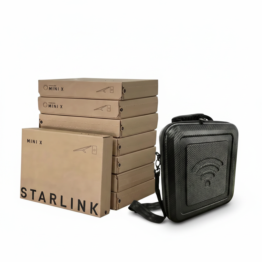 Starlink Mini X boxes and black EVA carry case bundle shot