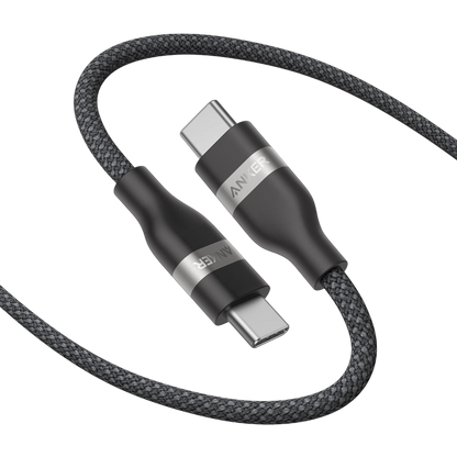 Anker USB-C to USB-C cable with upcycled braided design, available in 3 ft and 6 ft lengths, supporting 240W charging.