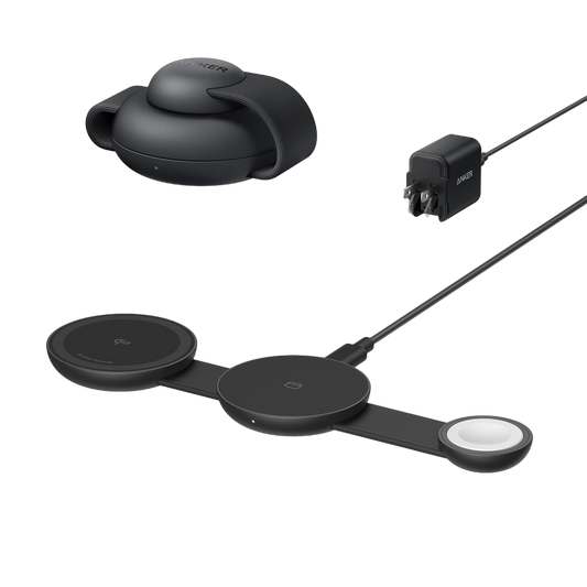 Anker MagGo 3-in-1 wireless charging station with foldable pad for phones, smartwatch, and earbuds on a sleek surface.