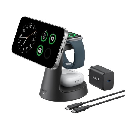 Anker MagGo 3-in-1 wireless charging station with dock stand for iPhone, Apple Watch, and AirPods, black finish