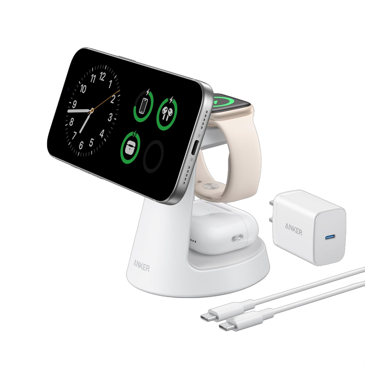 Anker MagGo 3-in-1 wireless charging station with dock stand for iPhone, Apple Watch, and AirPods, black sleek design