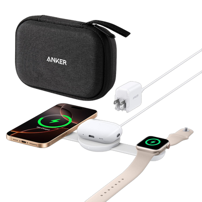 Anker MagGo 3-in-1 wireless charging station with foldable pad for smartphone, smartwatch, and wireless earbuds.