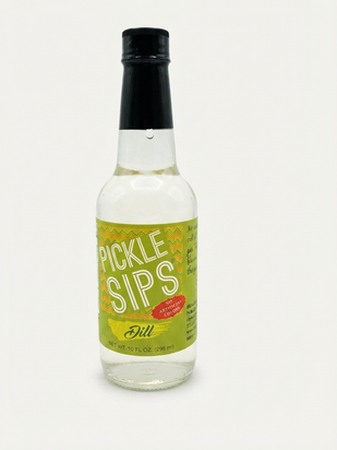Cinderosa Ranch Pickle Sips Dill flavor in a 10 fl oz bottle, showcasing the bright label with dill pickle imagery.