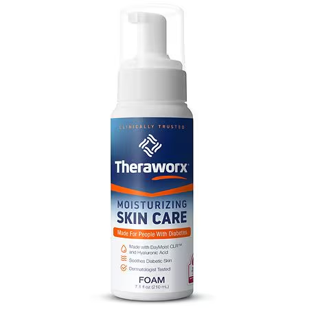Theraworx Diabetic Moisturizing Skin Care Foam in 7.1 fl oz bottle, featuring gentle foam for diabetic skin hydration and care.