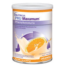 Nutricia PKU Maxamum orange flavored vitamin supplement in 454g container, designed for dietary needs and nutritional support.