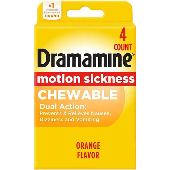 Dramamine 50 mg orange chewable tablets in travel size pack, four blister packs of six tablets each from Pasteur Pharmacy.