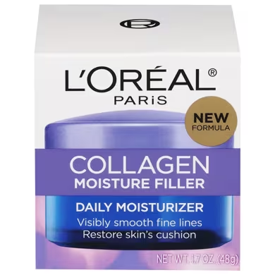 L'Oréal Paris Collagen Moisture Filler Daily Moisturizer cream in 1.7 oz jar, hydrating skin care product with collagen for radiant skin
