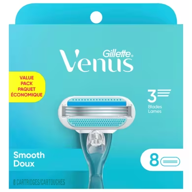 Gillette Venus Smooth 3-Blade Razor Cartridge pack with eight replacement cartridges for smooth shaving.