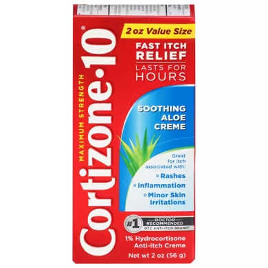 Cortizone-10® Itch Relief 1% soothing aloe cream in a 2 oz tube, designed for skin itch relief and soothing skin irritation.