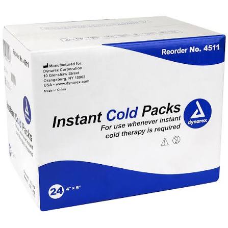 Dynarex Instant Cold Compress packs in a 4x5 inch size, used for hot and cold therapy, shown in a 24-pack.