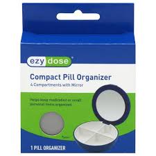 Ezy Dose® 4-compartment mirror compact pill organizer with reflective lid and colorful compartments for medication storage.