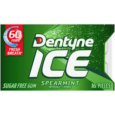 Dentyne Ice Spearmint chewing gum pack with 16 pieces, showing the mint-flavored gum and packaging.