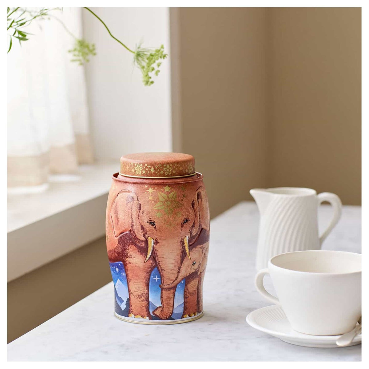 Williamson Tea Starlight Christmas Elephant Caddy 100g in decorative packaging with festive holiday design
