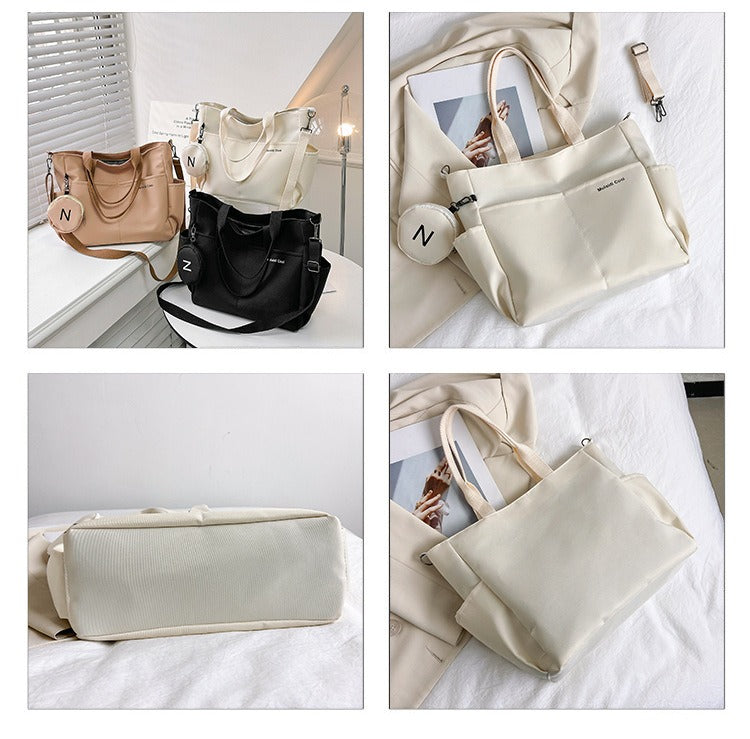 LPO women's beige Oxford tote crossbody shoulder handbag with structured design and top handle for versatile carrying.