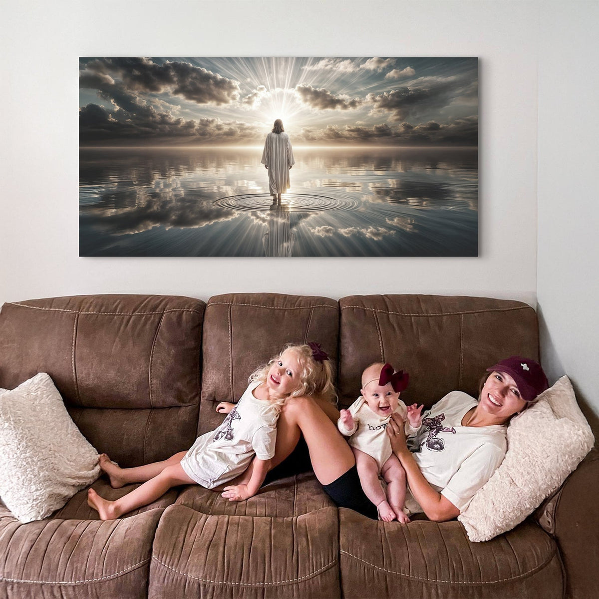 Canvas wall art titled "Walking on Water - Faith" by Tailored Canvases, depicting a serene scene of faith and spirituality.