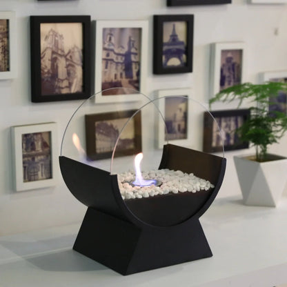 13.5-inch tall portable tabletop fireplace by JHY DESIGN, showcasing a gel and ethanol firepit with a modern design for indoor use.