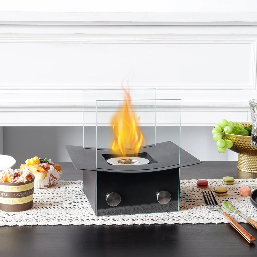 8-inch H portable tabletop fireplace by JHY DESIGN, gel and ethanol tabletop fire pit for indoor use with a sleek modern design.