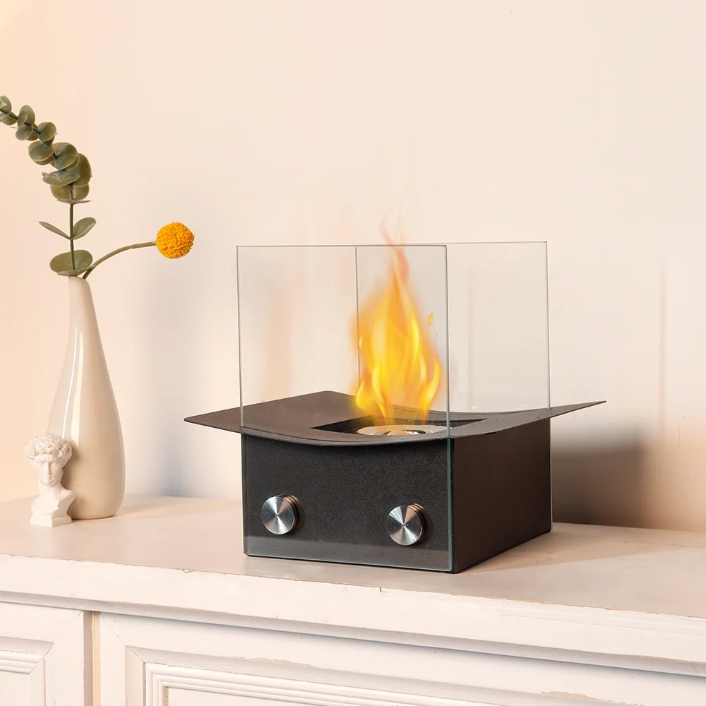 Portable 8-inch tabletop fireplace from JHY DESIGN, showcasing a gel and ethanol fire pit suitable for indoor use.