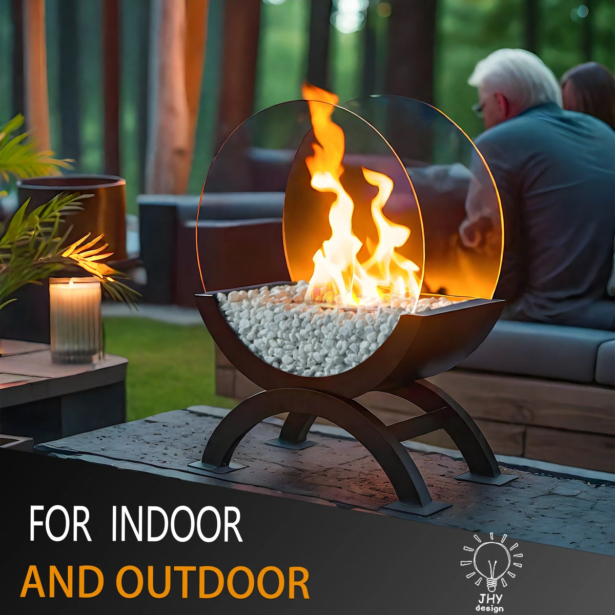 JHY DESIGN 48cm portable round tabletop fireplace with gel and ethanol fuel, ideal for indoor use and cozy ambiance.