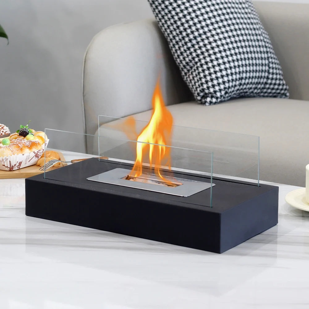 Square tabletop fire bowl pot with two-sided glass, designed for indoor gel and ethanol fireplaces by JHY DESIGN.