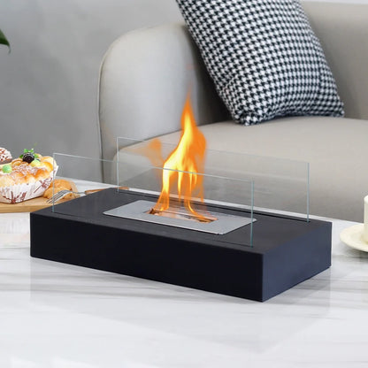 Square tabletop fire bowl pot with two-sided glass, designed for indoor gel and ethanol fireplaces by JHY DESIGN.
