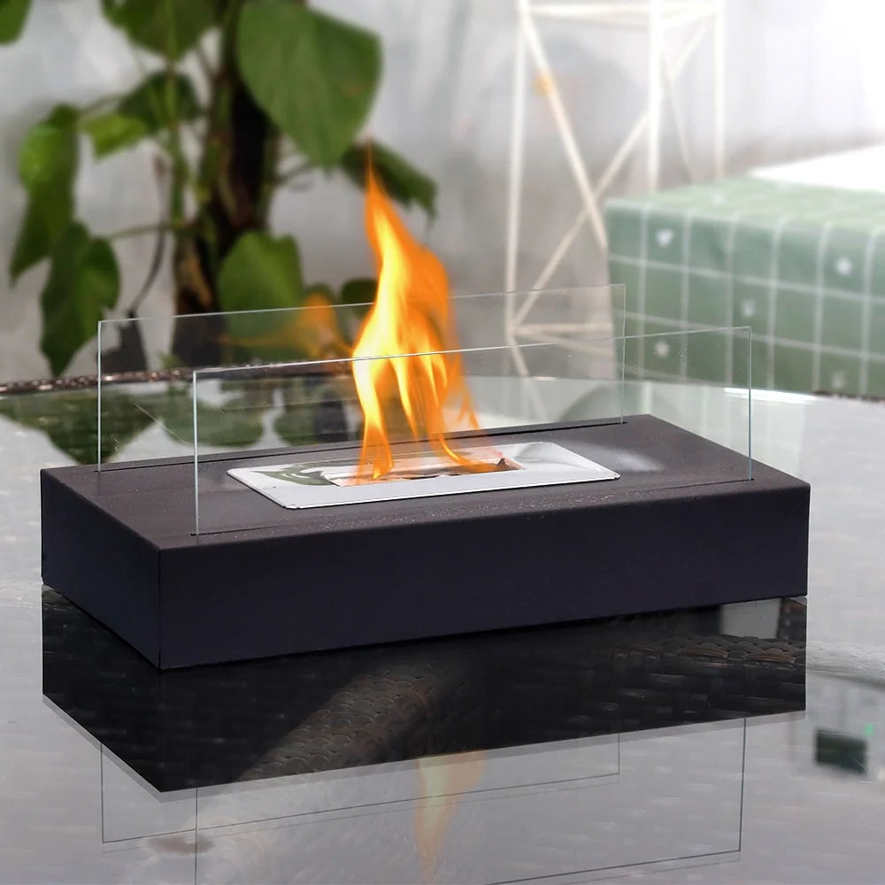 Square tabletop fire bowl pot with two-sided glass from JHY DESIGN, designed for gel and ethanol fireplaces, ideal for indoor use.