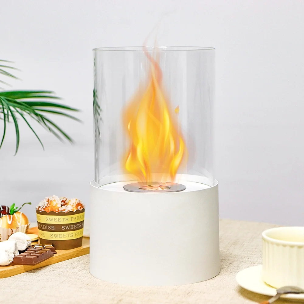 White 11.4-inch round portable tabletop fireplace by JHY DESIGN, with gel and ethanol flames for indoor ambiance.