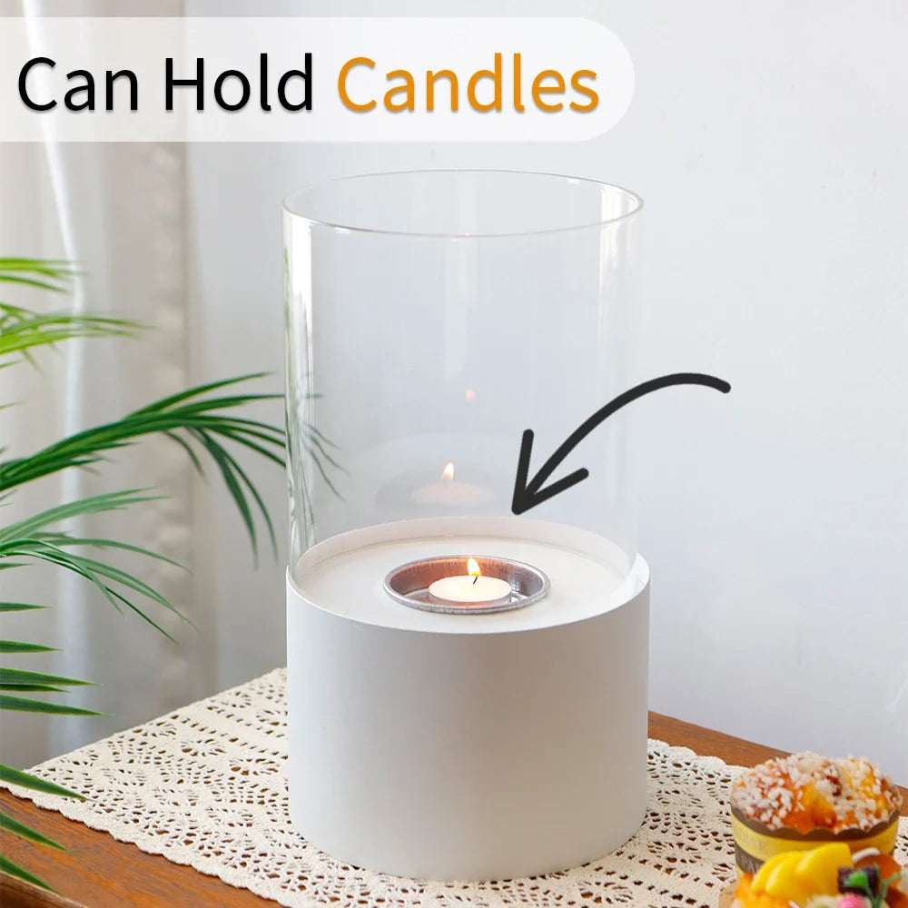 White 11.4-inch round portable tabletop fireplace by JHY DESIGN, featuring gel and ethanol fire features for indoor use.