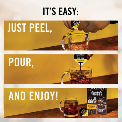 Decaf Cold Brew Coffee Pods by Java House, infographic showing product details and brewing tips for rich, smooth decaf coffee.