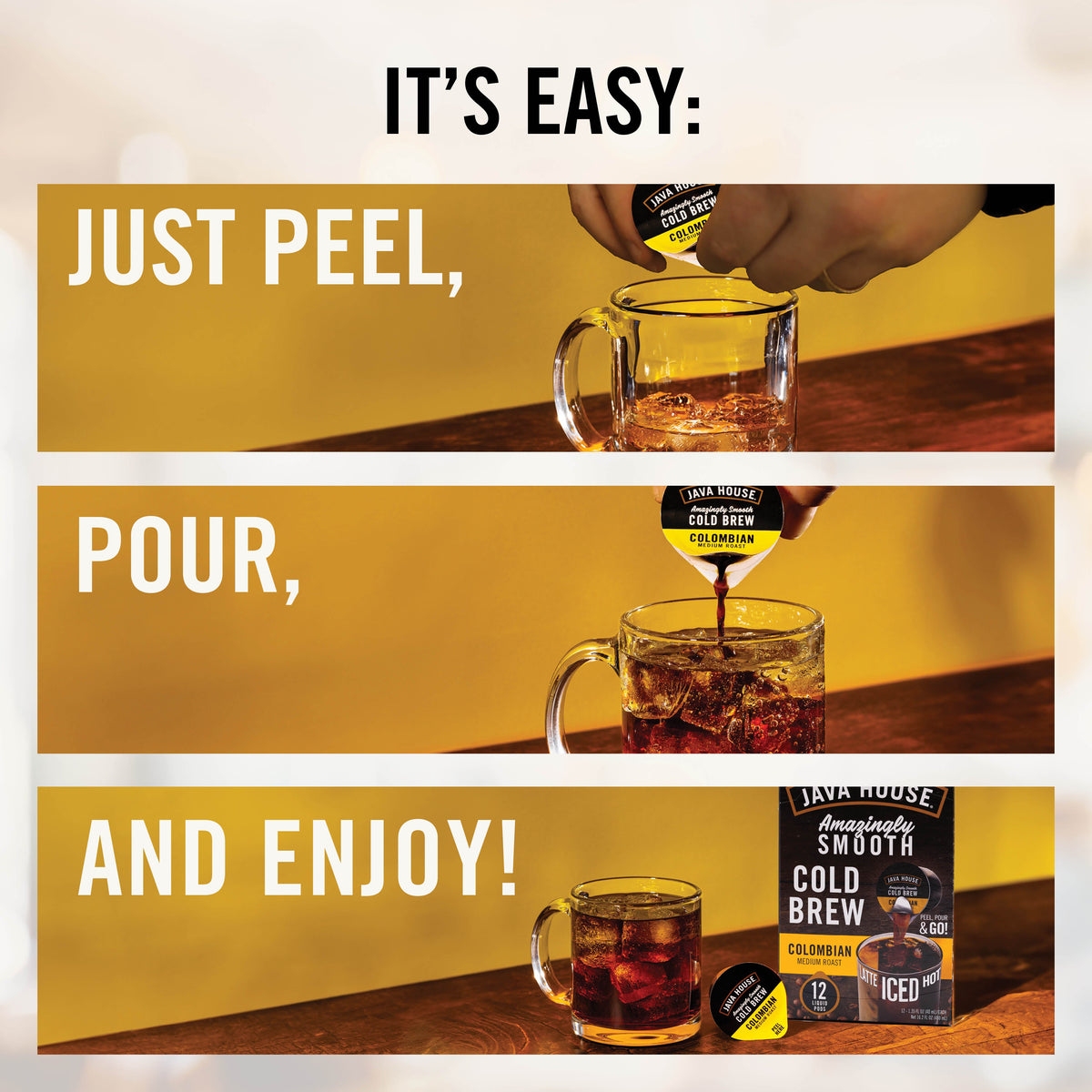 Infographic showing Java House Ethiopian Cold Brew Coffee Pods, pack of 36, highlighting flavor profile and brewing tips.