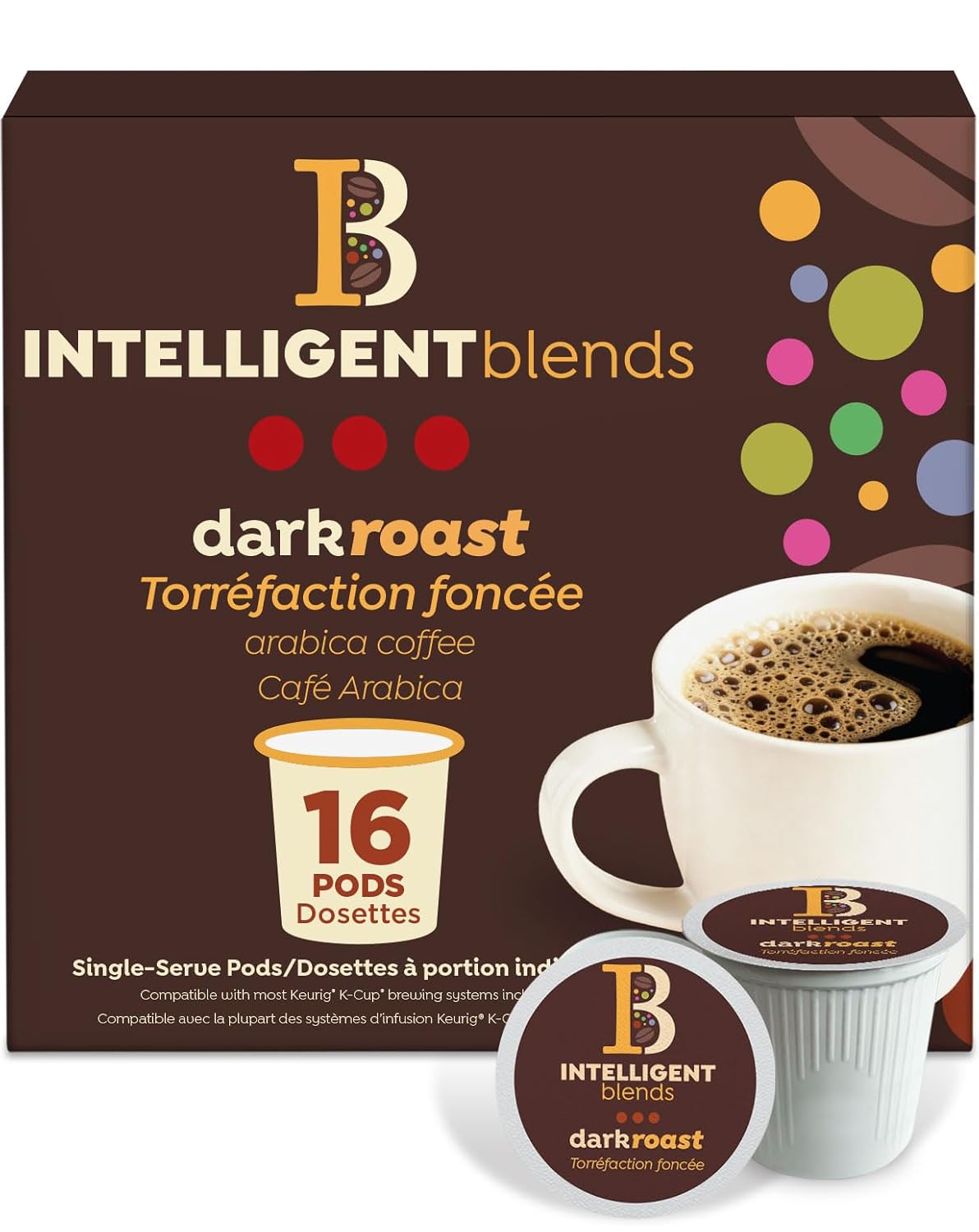 Intelligent Blends Dark Roast Coffee Pods, 100 ct, single serve, 100% Arabica, compatible with Keurig K Cups, medium roast.