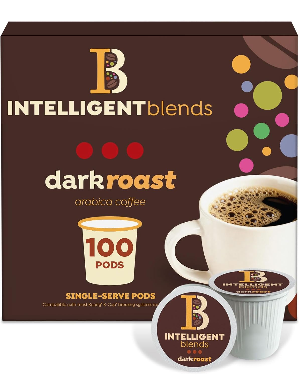 Intelligent Blends dark roast coffee pods, 100 count, single serve, 100% Arabica, compatible with Keurig K Cup coffee makers.