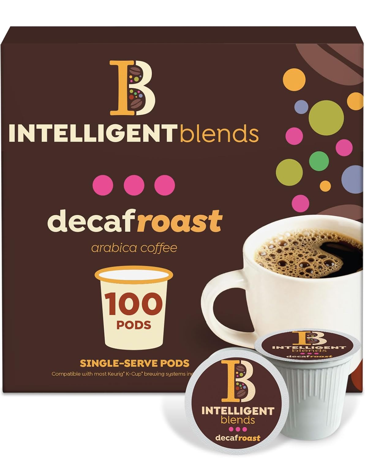 Intelligent Blends Dark Roast Coffee Pods variety pack, 50 single-serve Arabica coffee pods compatible with Keurig K Cups.