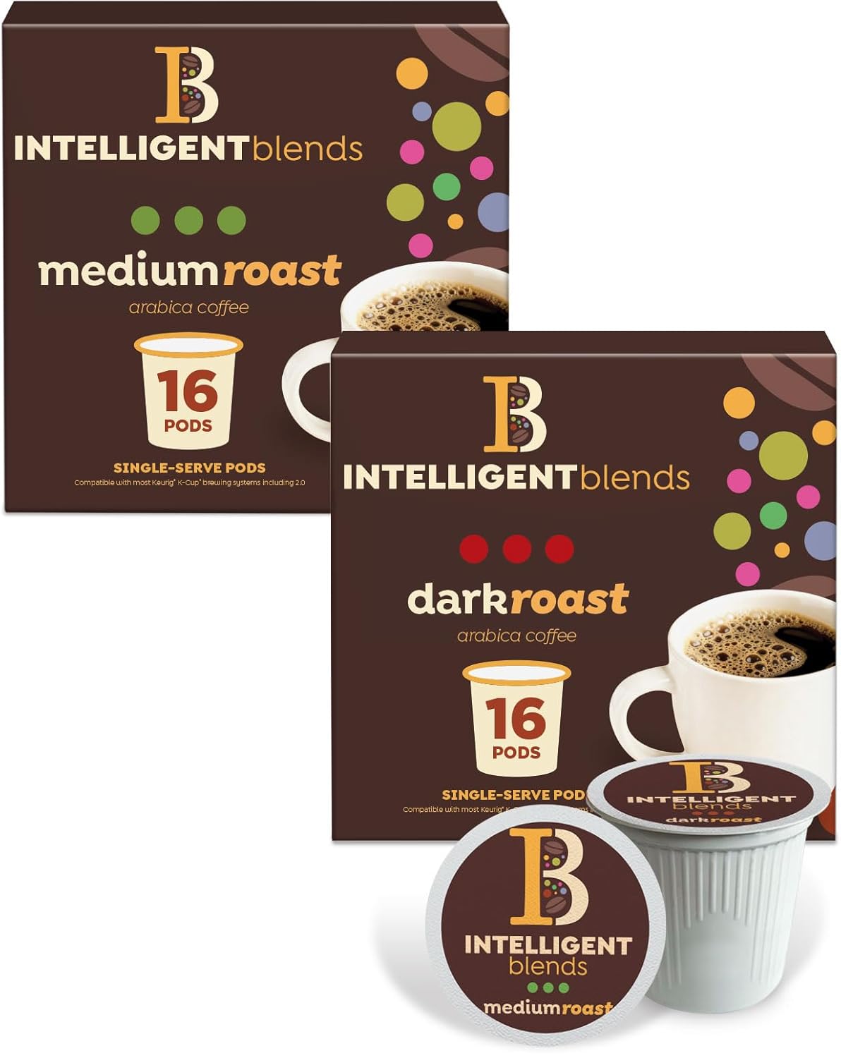Intelligent Blends Medium Dark Roast Coffee Pods, 100 count, single-serve, 100% Arabica, compatible with Keurig K Cups.