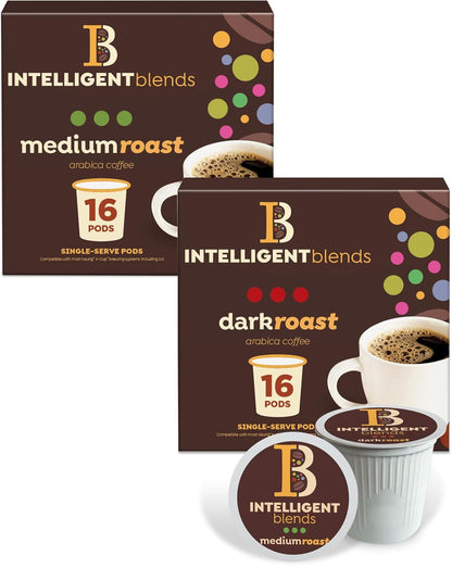 Intelligent Blends Medium Dark Roast Coffee Pods, 100 count, single-serve, 100% Arabica, compatible with Keurig K Cups.