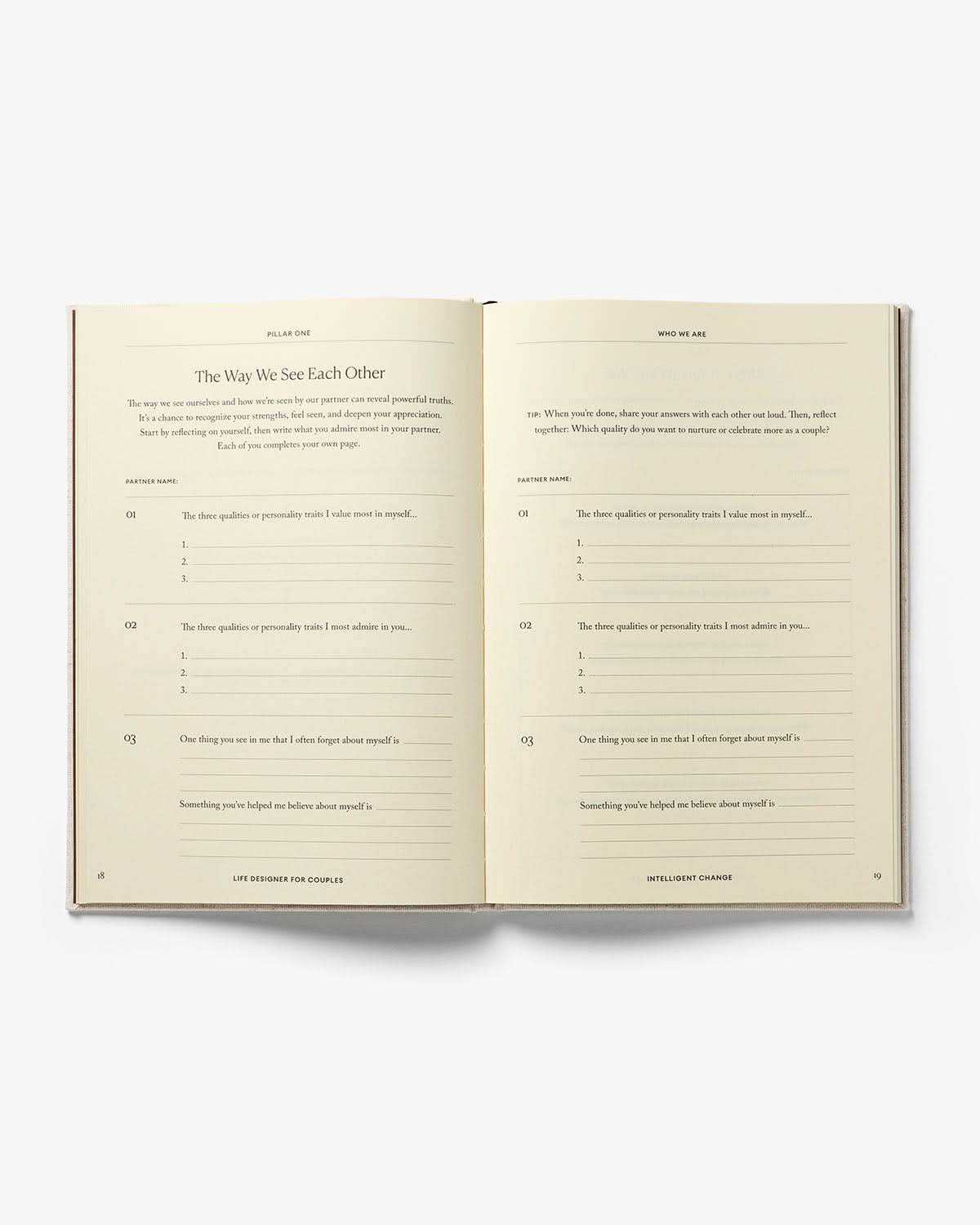 Life Designer Journal for Couples by Intelligent Change, open to pages with prompts for shared reflections and relationship goals.