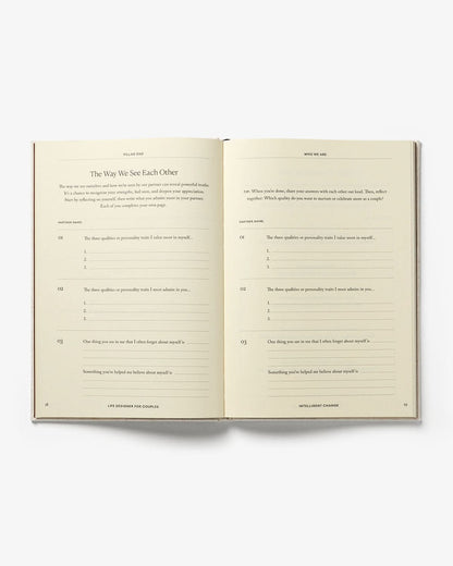 Life Designer Journal for Couples by Intelligent Change, open to pages with prompts for shared reflections and relationship goals.