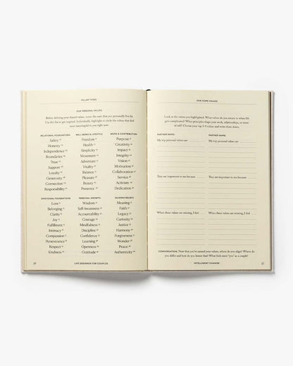 Life Designer Journal for Couples by Intelligent Change, featuring open pages with prompts and space for shared reflections.