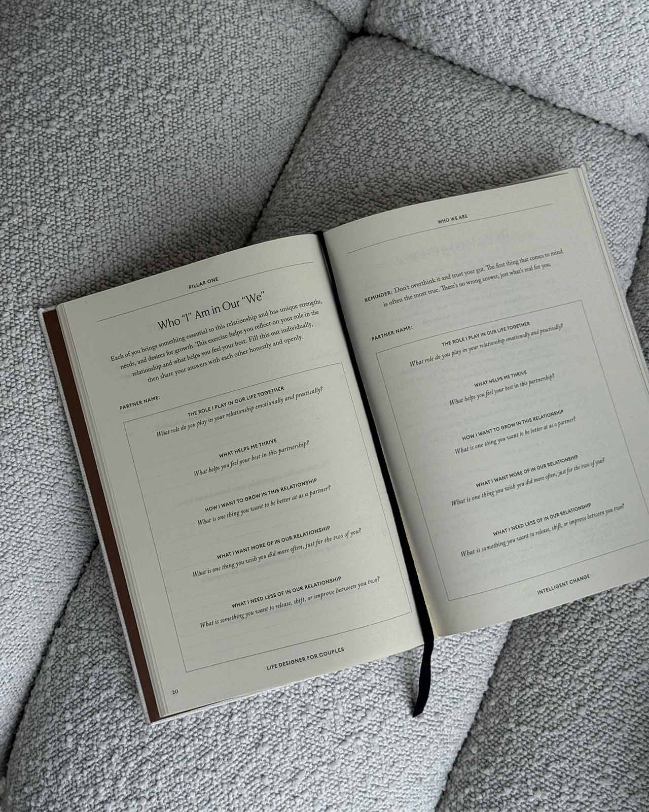 Life Designer Journal for Couples by Intelligent Change, featuring filled pages with prompts and space for shared reflections.