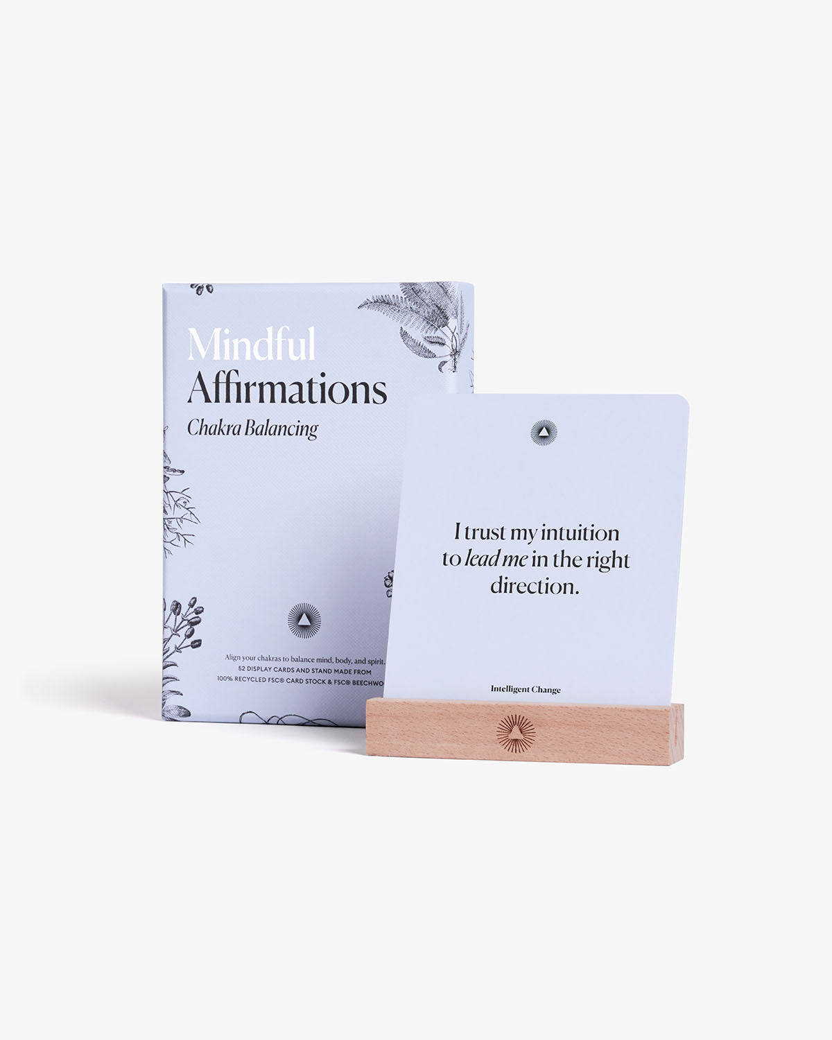 Set of mindful affirmations for chakra balancing by Intelligent Change, featuring calming messages on a serene background.