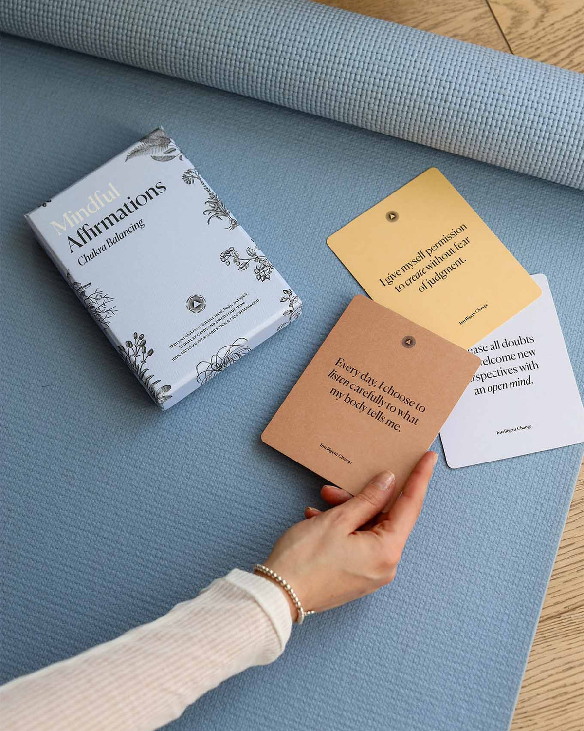 Mindful Affirmations for Chakra Balancing card deck by Intelligent Change, featuring calming affirmation cards for meditation and mindfulness.