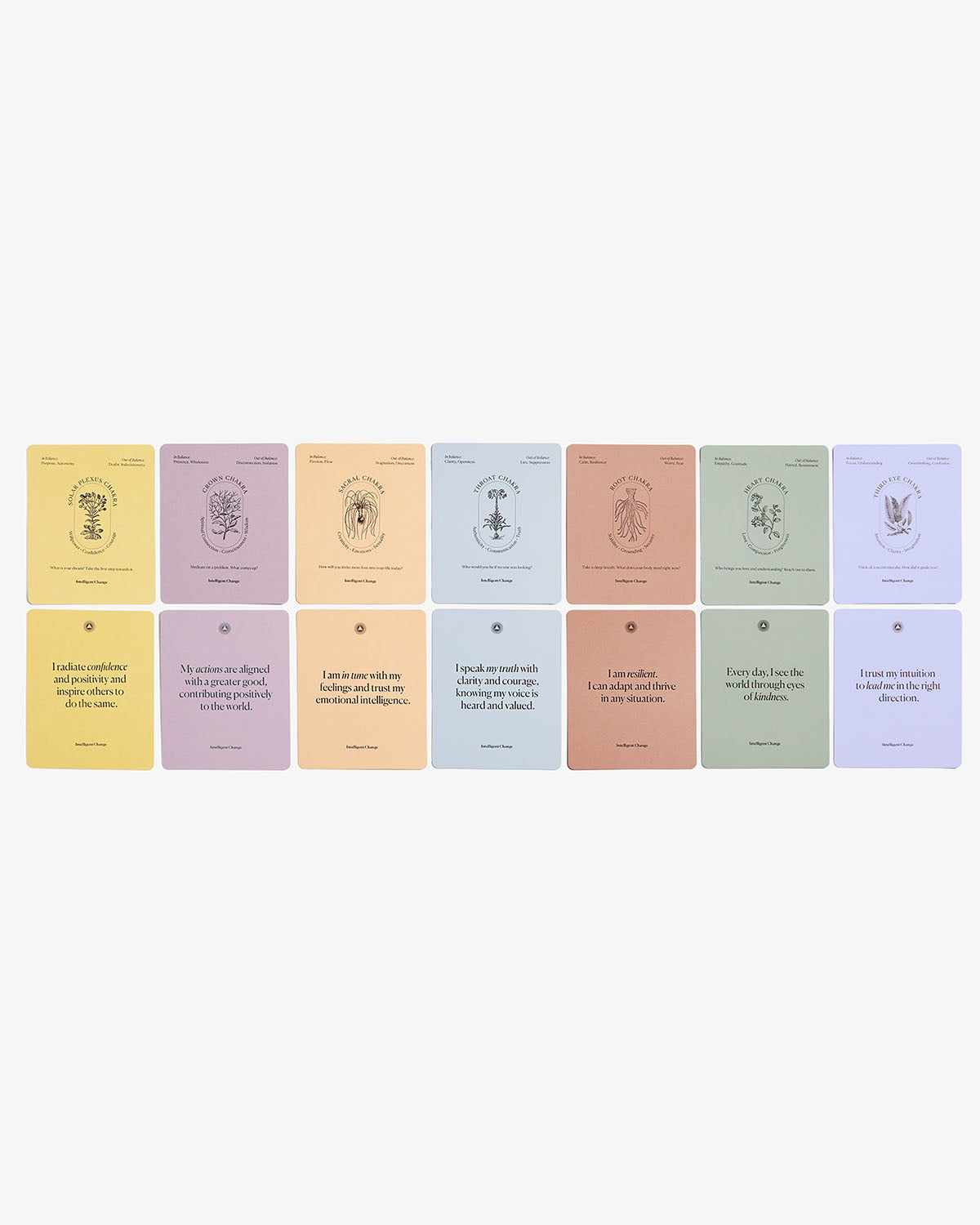 Image of Intelligent Change Mindful Affirmations card set for chakra balancing, featuring calming designs and positive affirmation text.