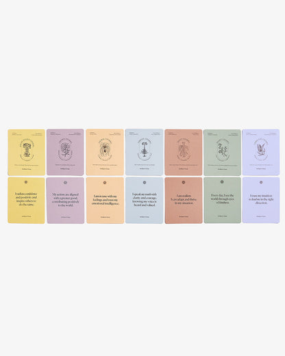 Image of Intelligent Change Mindful Affirmations card set for chakra balancing, featuring calming designs and positive affirmation text.