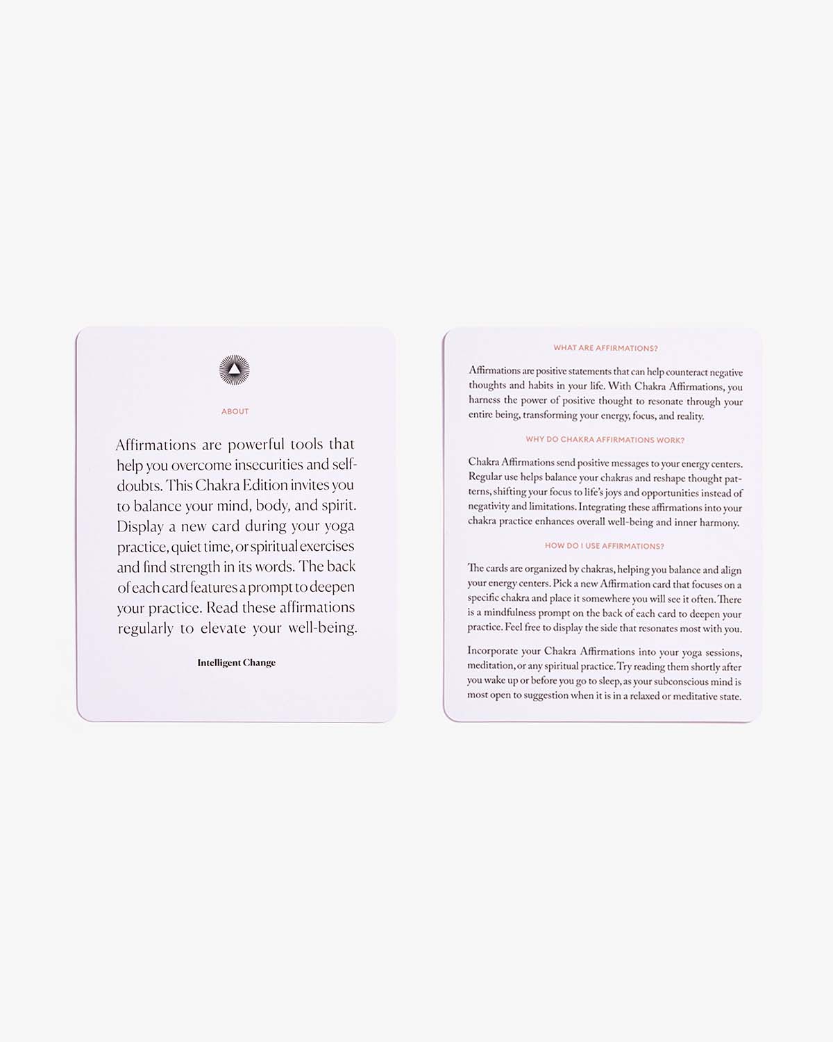 Mindful Affirmations card deck for chakra balancing from Intelligent Change, featuring calming, positive affirmations for mindfulness practice.